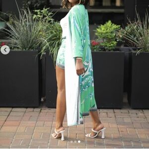 Abstract print long loose cardigan  shorts 2 pieces